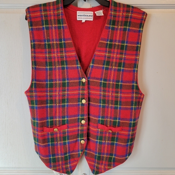 Westbound Jackets & Blazers - Vintage Westbound Primary Color Plaid Button Down Acrylic Wool Sweater Vest